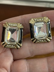 Birch Hill Gold Tone Black Enamel and Crystal Art Deco Clip On Earrings