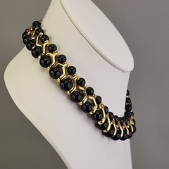 Vintage Beaded Necklace Black Gold Tone Collar Choker SHORT 14.5″