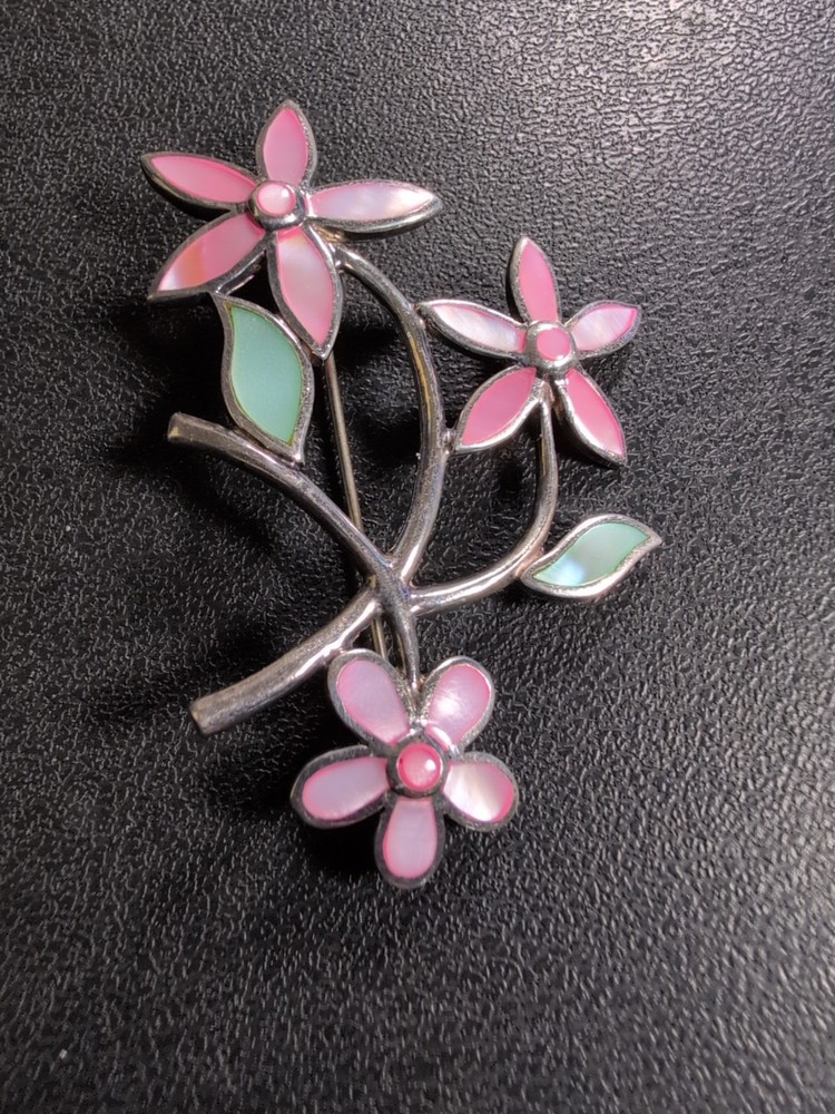 Pink and Green Flowers Sterling Pendant Brooch Spring – 2.5″ – 9.1 g – signed