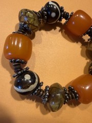 VTG 3 Bakelite Butterscotch Beads Bracelet / B&W artisan beads / metal spacers