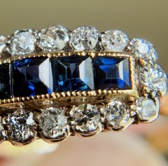 Antique 14K Gold Sapphire & Diamond Saddle Ring Victorian Edwardian Estate 7.25