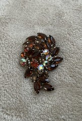 Vintage Brooch Amber Tones Navette AB Rhinestone Pin Layered Leaf Design 2.5 in.