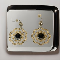 Large Filigree Earrings Black Stone Center Rhinestone Top Hoop 1.25” Diameter