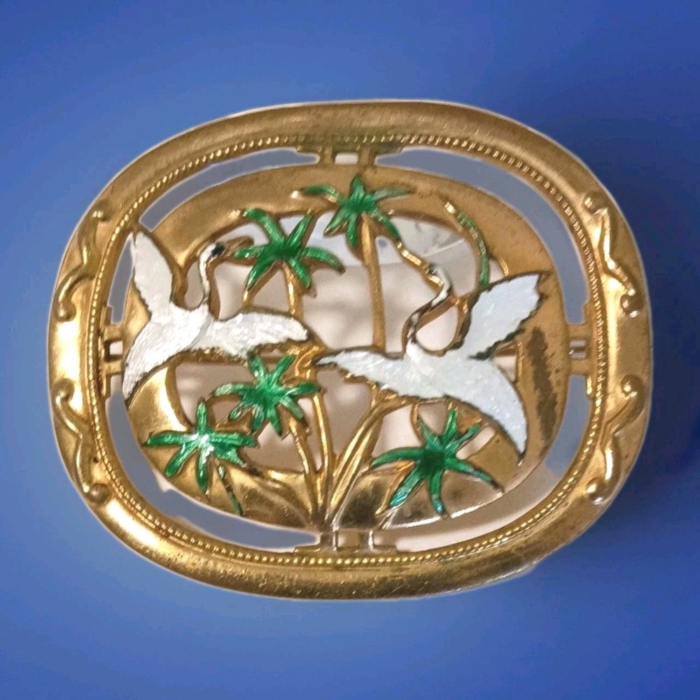 Art Nouveau Unique Brooch Enamel 1940s, Cut out Gold Tone Cranes Asian Export