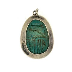 Egyptian Revival Scarab Beetle Vintage Turquoise, Sterling Silver Charm Pendant