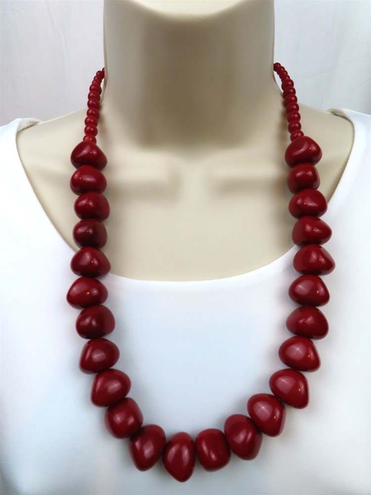 Red Irregular Shaped Beads Necklace 23″ – 26 1/2″ Long Statement Vintage