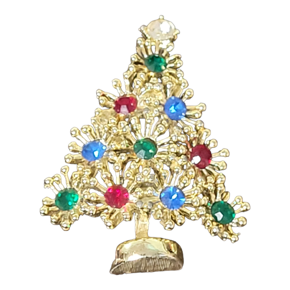 Christmas Tree Brooch Lapel Pin Gold Toned Green Red and Blue Rhinestones