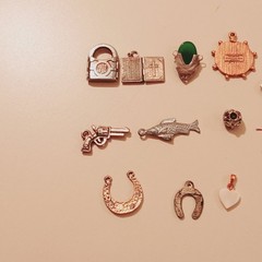 Vintage Silver Tone Charm Lot Yale Padlock Bible Gun Fish Horseshoe Jade Jewelry