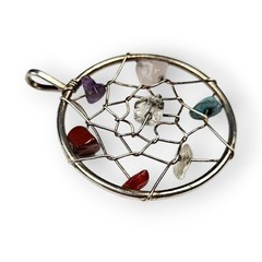 Dreamcatcher Pendant Colorful Gemstone Chip Silver Tone Wire Wrapped Vtg 1 5/8″