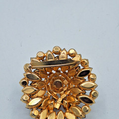 Jet Black & Topaz Orange Rhinestone Domed Brooch Gold Tone D&E? Style 2.25″