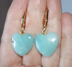 Vintage Carved Heart Larimar Lever back Earrings in 14K GF