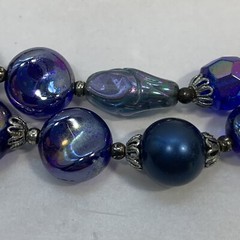 Vintage TRIFARI Cobalt Blue Glass Bead Necklace 2 Tier Peacock Iridescent Silver
