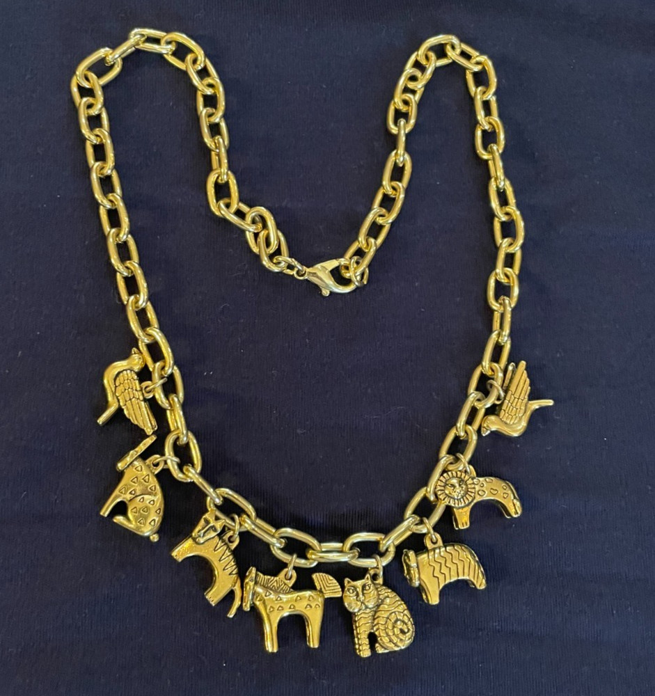 Vintage Laurel Burch Goldtone Charm Necklace Animal Charms Cat 19 Inches