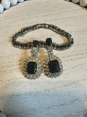 Vintage Clear Black Rhinestone Bracelet Clip-On Earrings Set Emerald Cut Costume