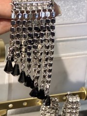 VTG BLACK JET & CLEAR RHINESTONE WATERFALL BROOCH & EARRINGS SET