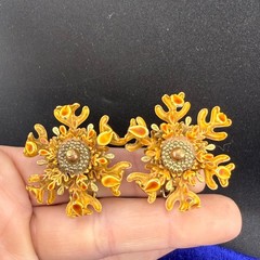 Vintage Enamel Brooch Clip on Earrings Set Flower Fall Acorn Tree Autumn