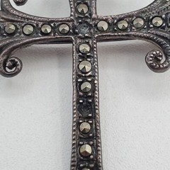 925 Marcasite Cross Brooch Pendant 1.75in Sterling Silver w Patina VTG FLAW
