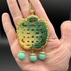 Kenneth Lane KJL Faux Peking Jade Bead Dangle Pendant Asian Statement Necklace