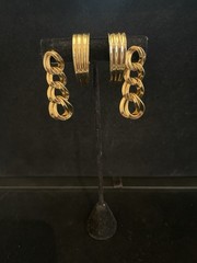 MONET EARRINGS Lot Of 2 Gold Tone PIERCED Double Link Drop + Ribbed Half Loop