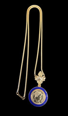 Vintage Napoleon Coin Pendant Necklace Blue Enamel Gold Tone Snake Chain 17.75”