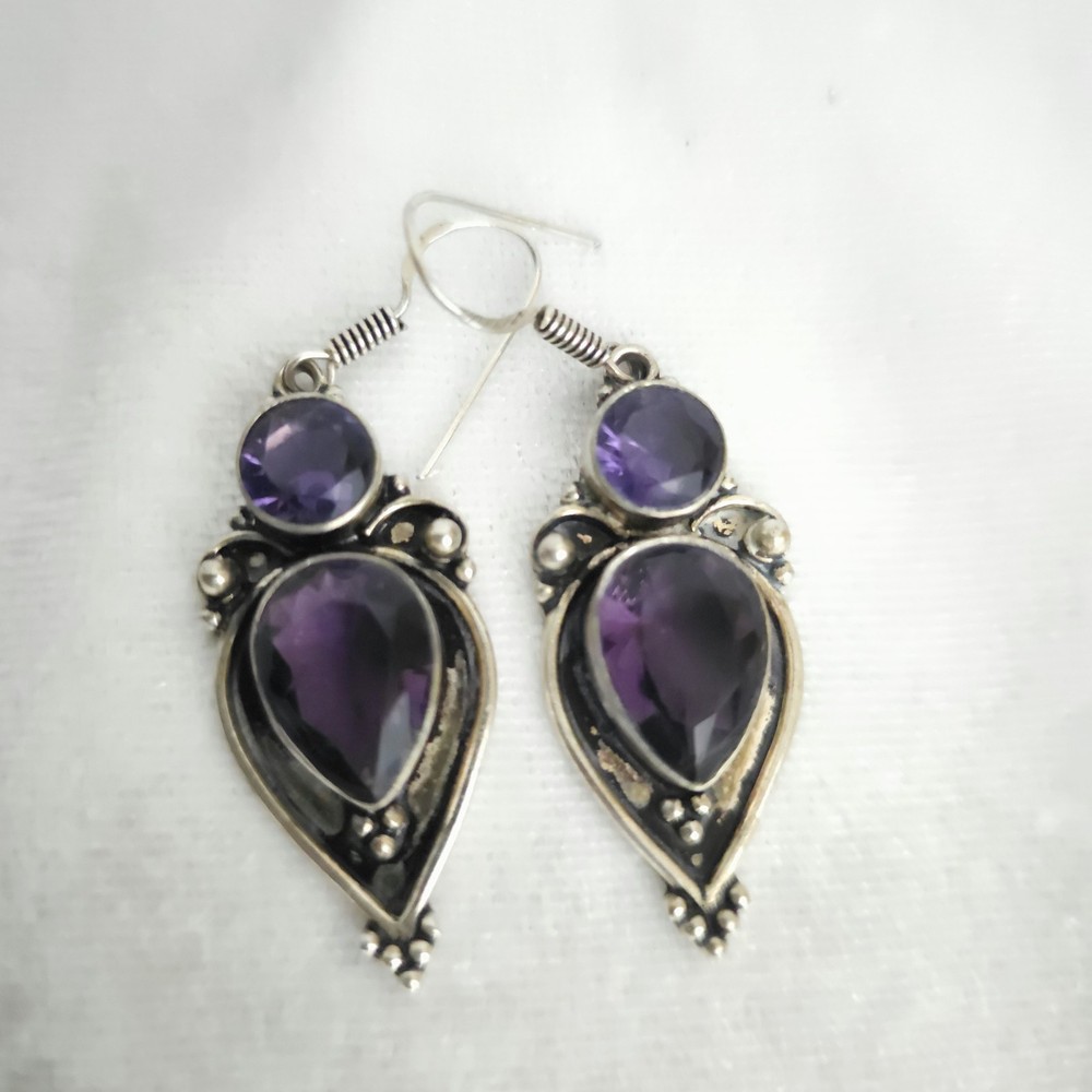 Vtg 90s Southwestern Style Sterling Silver Dangle Earrings Faceted Amethyst Boho