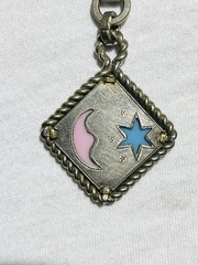 OOAK CHAINS NECKLACE W- Vintage WATCH FOB DROP Turquoise & Coral Inset Star Moon