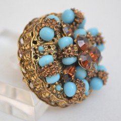 Austria Turquoise Bead Rhinestone Brooch Filigree 34mm Vintage 1950s