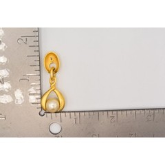 Vintage Dangle Pearl Drop Earrings Brushed Gold Matte Door Knockers 1980s BinAR