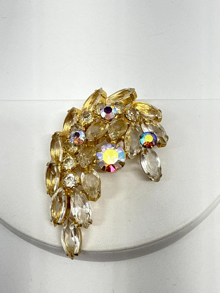 Vtg Juliana D & E Clear AB Rhinestones Spray Brooch Pin asymmetrical