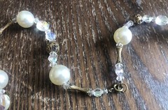 Vintage Gold Clear Ab Crystal Faux Pearl Filigree Brass Tassel Drop Necklace