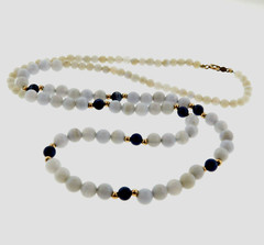 Chalcedony Lace Agate and Lapis Graduated Bead Necklace 26 in Gold filled