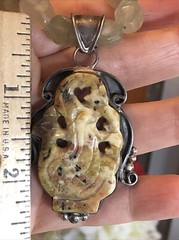24. Vintage 925 Sterling Faceted Prehnite Beads Carved stone Pendant Necklace