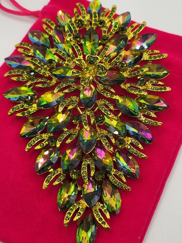 Stunning 6″ Watermelon Teardrop Shape Articulated AB Crystal Gold Tone Brooch