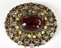 Victorian Brooch Brass Filigree Blue Yellow Flower Red Stone C Clasp Boho Czech?