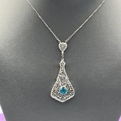 Art Deco Sterling Silver Filigree Necklace Teal Rhinestone Necklace 16″ Antique