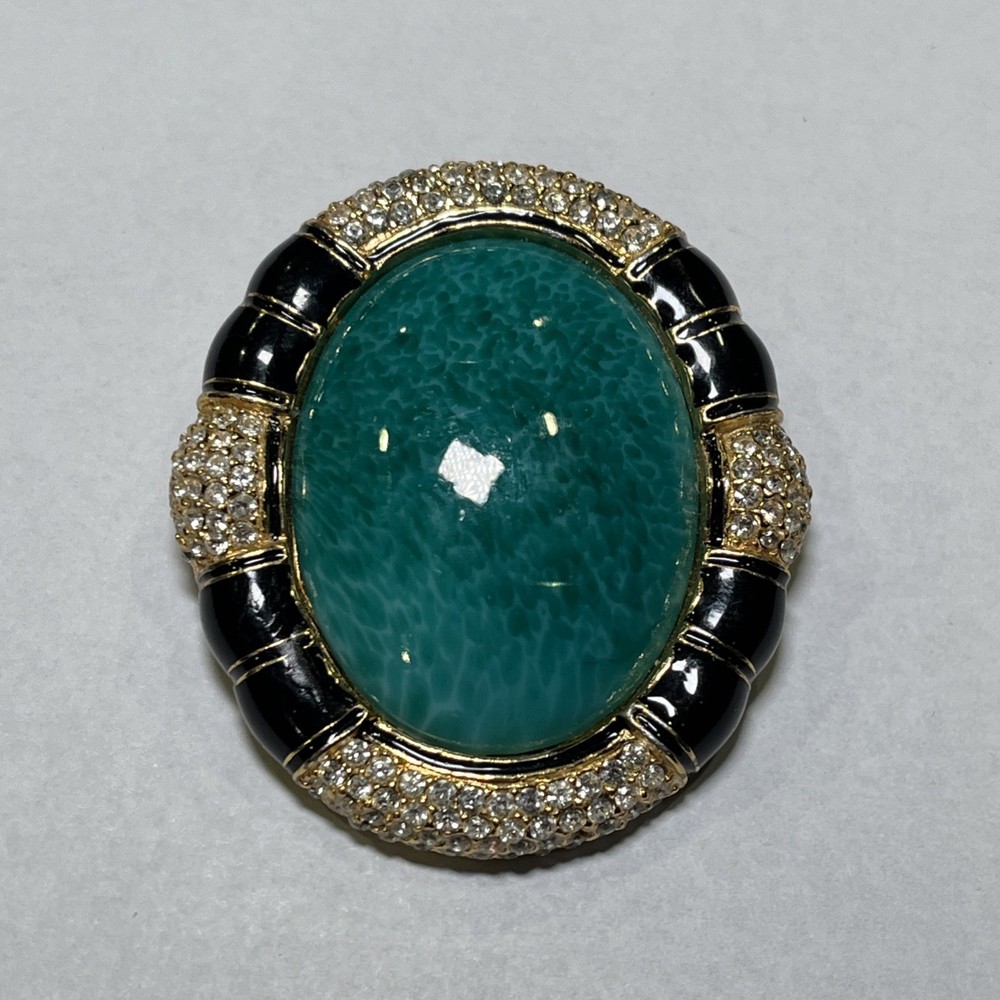 VTG Ciner Peking Green Glass Brooch Cabochon Gold Black Rhinestone, 2.25”x1.75”
