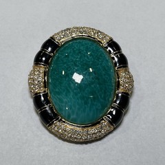 VTG Ciner Peking Green Glass Brooch Cabochon Gold Black Rhinestone, 2.25”x1.75”
