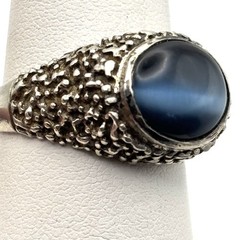 Vintage Sterling Brutalist Textured Black Cats Eye Ring 9.5