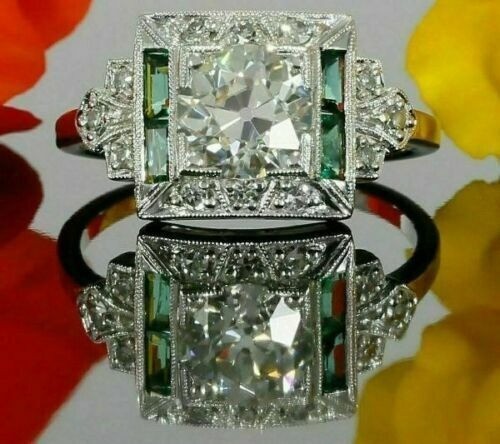 White Diamond & Emerald 2.60Ct Art Deco Vintage Wedding Ring 925 Sterling Silver