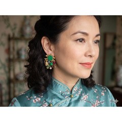 Vtg ART Arthur Pepper Asian Pagoda Dangle Earrings Faux Carved Jade Buddha
