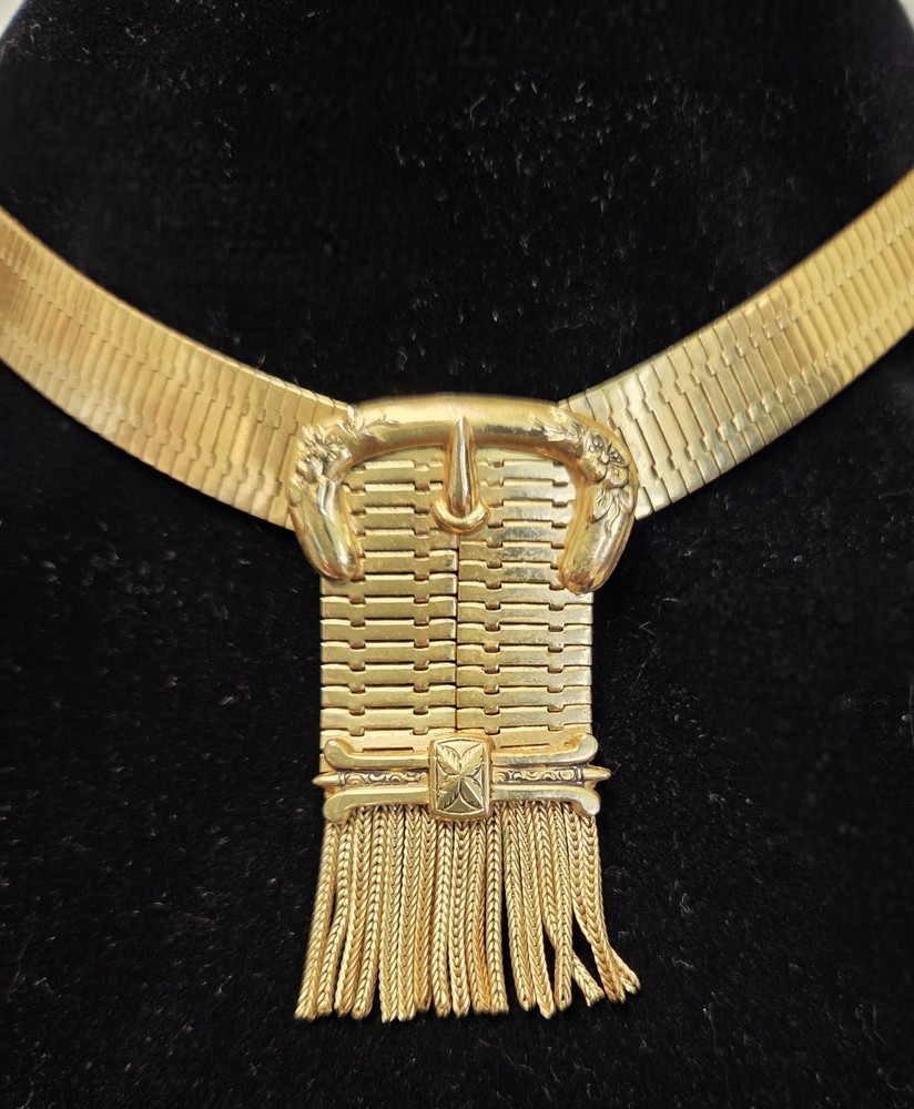 Whiting & Davis Fringe Buckle Necklace Vtg Gold Plated Mesh Metal 17″ Band 1/2″