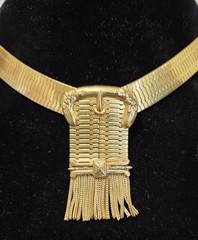 Whiting & Davis Fringe Buckle Necklace Vtg Gold Plated Mesh Metal 17″ Band 1/2″