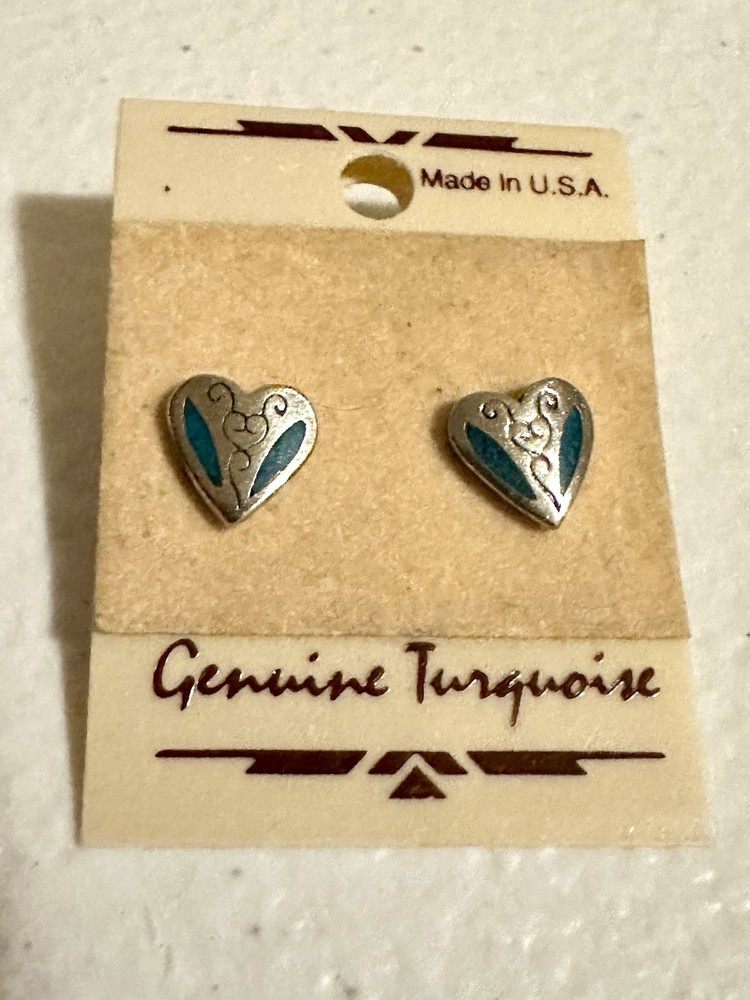 New Vintage Silver Heart Turquoise Stud Western Earrings Made in USA