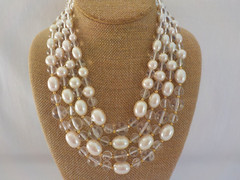 Vintage Four Strand Faux Pearl Bead Necklace Clear Plastic Gold Tone Metal Oval