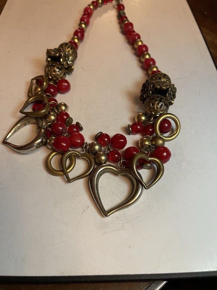 Vintage Roxsann Beaded Red Brass Flowers And Heart Pendant Necklace Chunky