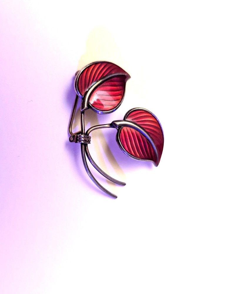 Vintage Hans Myhre Norway Sterling Silver Gilt red Enamel Leaf Pin Jewelry