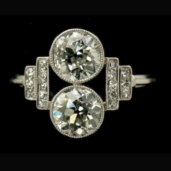 Vintage Art Deco Moissanite & Cubic Zirconia Wedding 14K White Gold Finish RIng