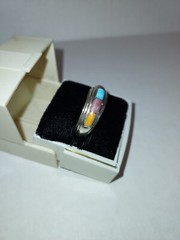 Turquoise & spiny oyster Sterling Wide Inlay BAND Ring Signed I J Navajo Sz 8.5