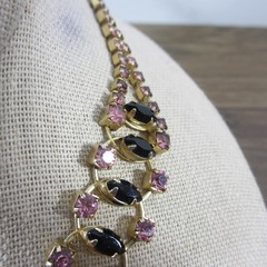 Vintage Rhinestone Necklace Purple Black Gold Tone Choker Collar 15 Inch
