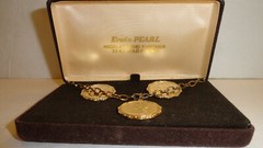 VTG Erwin Pearl Gold Tone Coin Necklace Clip On Earrings Set in box gold plated